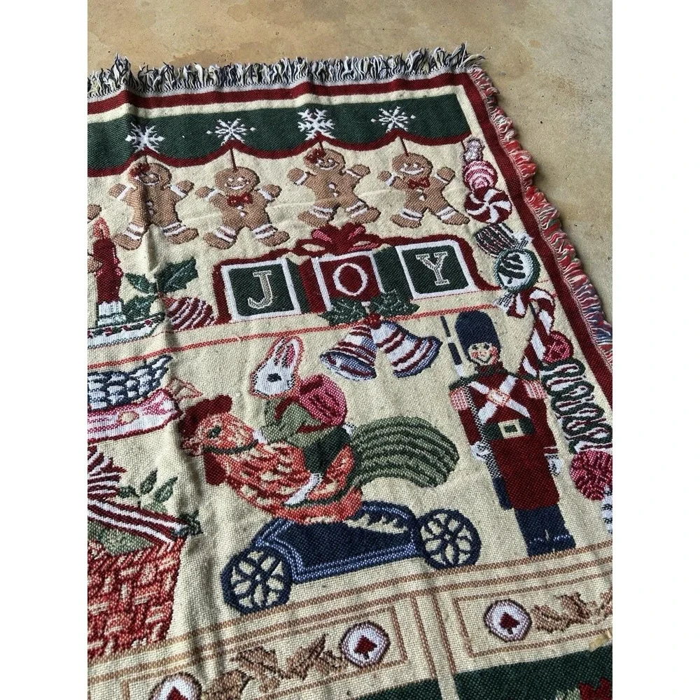 Vtg Christmas Tapestry Blanket Throw Crown Crafts Cookie Elf Santa Nutcracker
